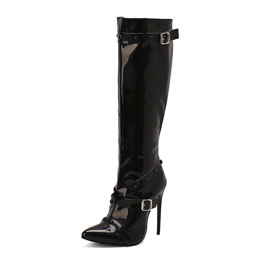 Womens Stiletto Heel Rivet Long Boots - Zalixer