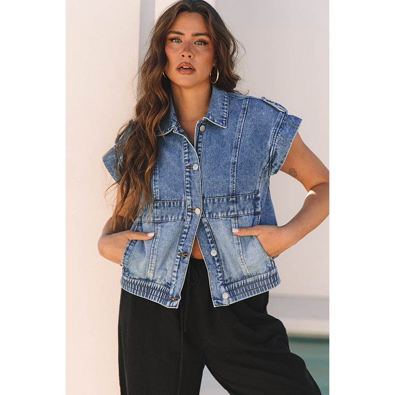 Denim Women's Single-breasted Lapel Short Sleeve Vest Coat - Zalixer