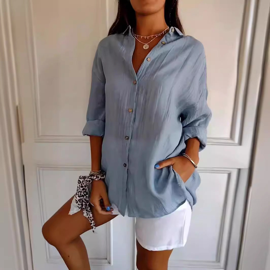 Lapel Long Sleeve Shirt Women's Single-breasted Pleated Shirt Tops Clothing - Zalixer