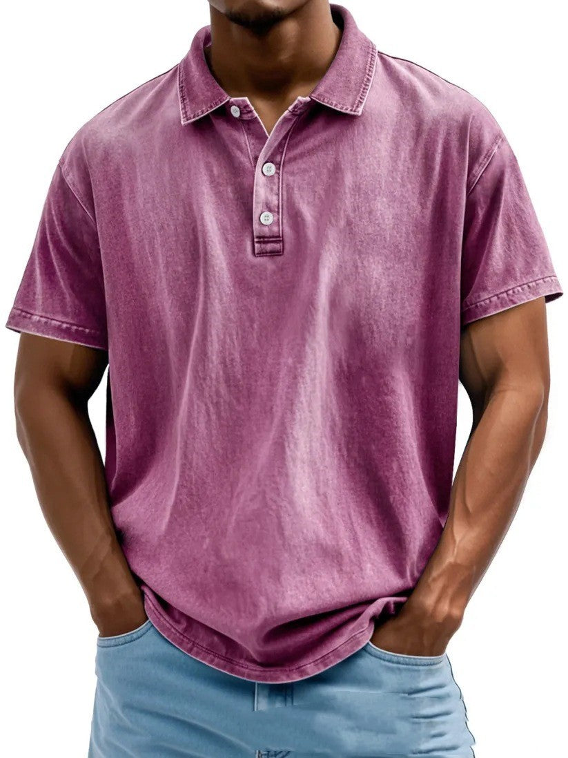 Men's Fashion Retro Washed Distressed Cotton Lapel Short Sleeve