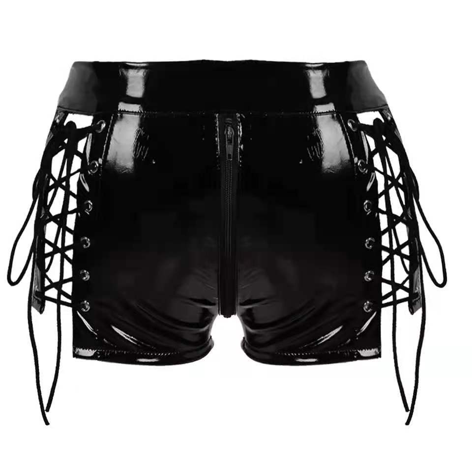Women's High Shine PVC Patent Leather Zip Shorts - Zalixer