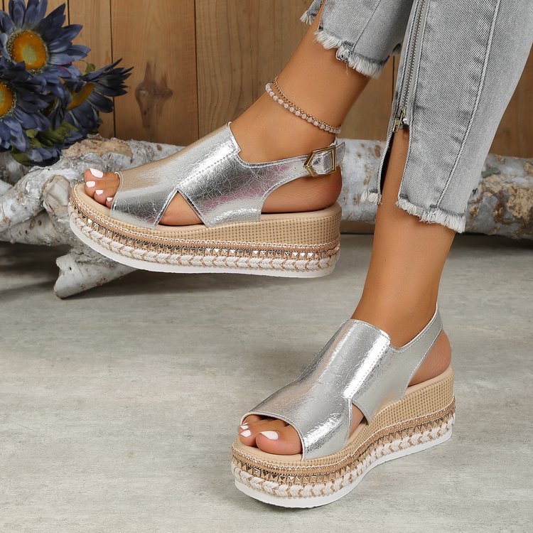 Summer Shiny Sandals Hollow Design Fish Mouth Sandal For Women Fashion Buckle Wedges Shoes - Zalixer
