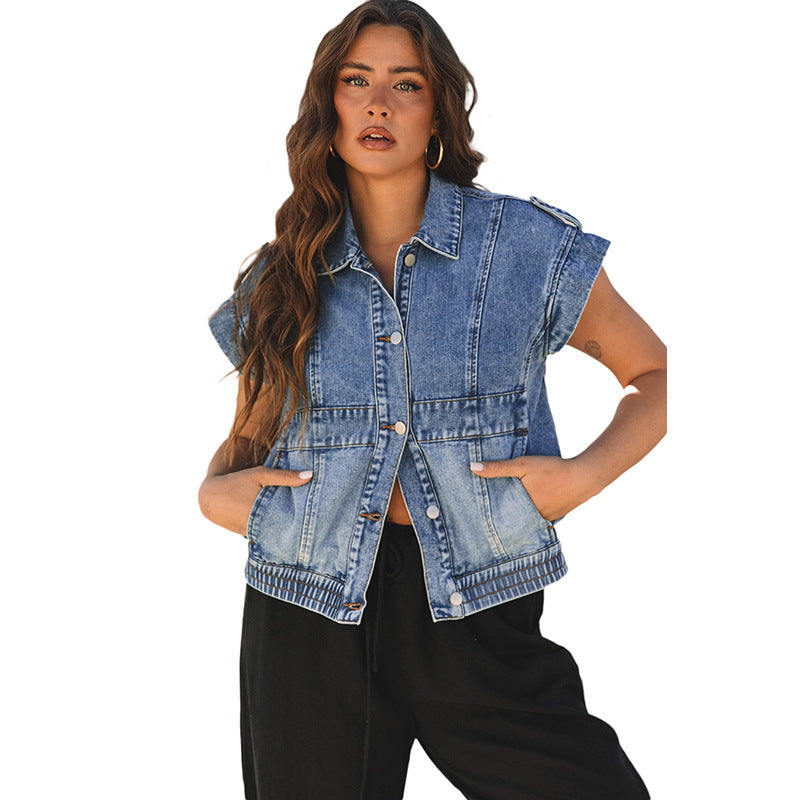 Denim Women's Single-breasted Lapel Short Sleeve Vest Coat - Zalixer