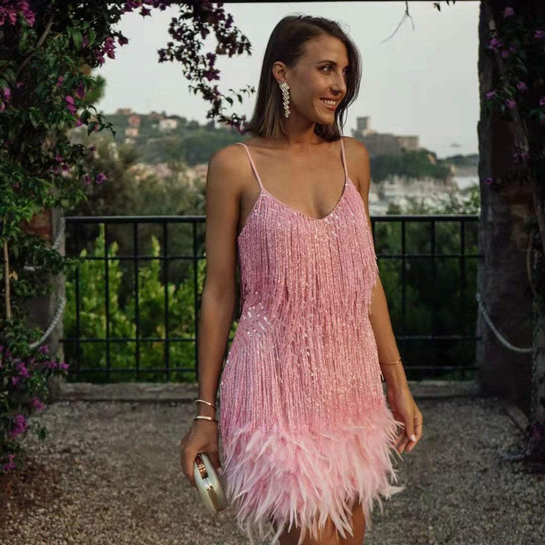 Sexy Tassel Sequins Feather Summer Mini Dress Women V Neck Spaghetti Strap Stitching Dresses Female Elegant Evening Party Club Dress - Zalixer
