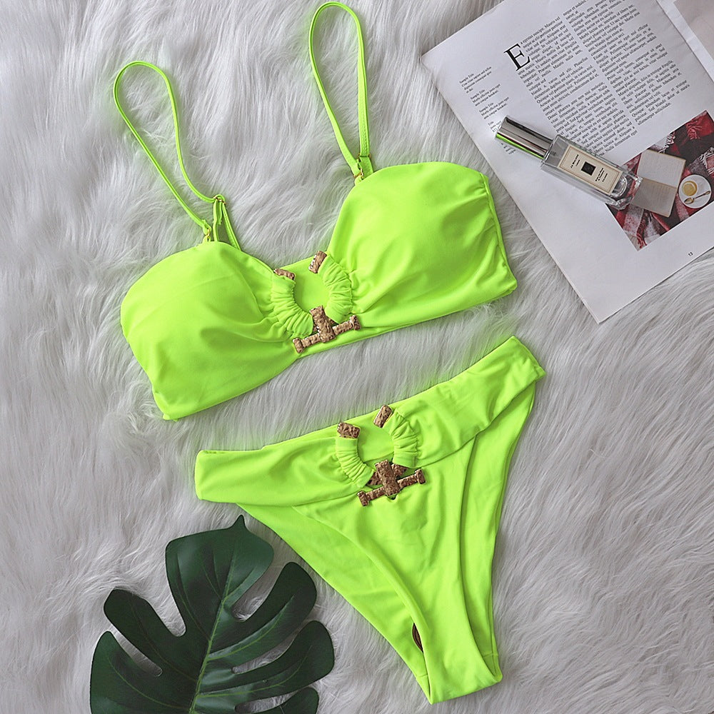 Solid Color Tube Top High Waist Swimsuit With Metal Accessories - Zalixer