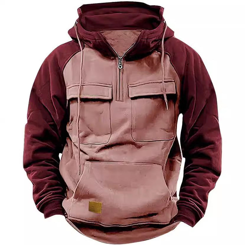 Fall Winter Retro Cargo Men's Half Zipper Multi Pockets Solid Warm Fleece Hoodie Sweatshirts - Zalixer