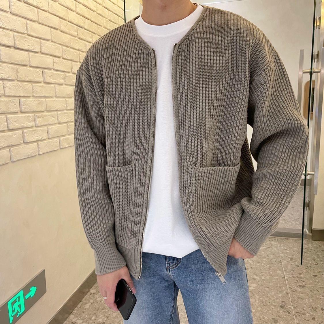 Men Zip Up Knitted Cardigan Lined Funnel Neck Jumper Sweater Pockets Coat All Seasons Comfortable Soft Long Sleeve - Zalixer