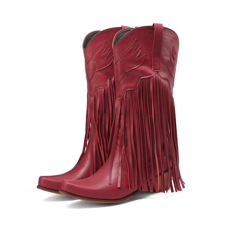 Womens Retro Mid-Calf Chunky Heel Round-Toe Boots - Zalixer
