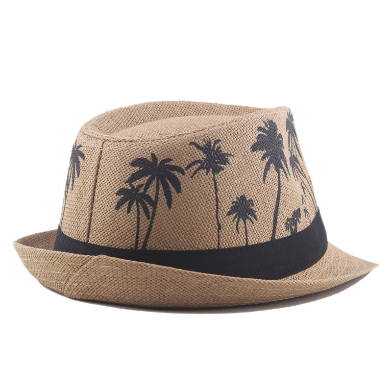 Palm Print Coconut Pattern Curled Straw Hat - Zalixer
