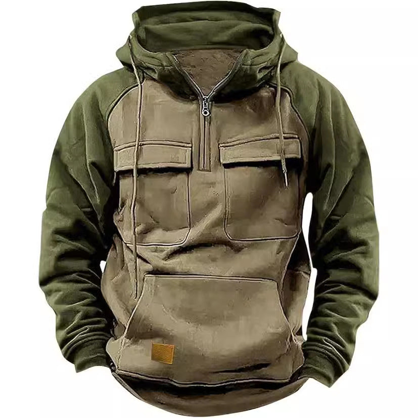 Fall Winter Retro Cargo Men's Half Zipper Multi Pockets Solid Warm Fleece Hoodie Sweatshirts - Zalixer