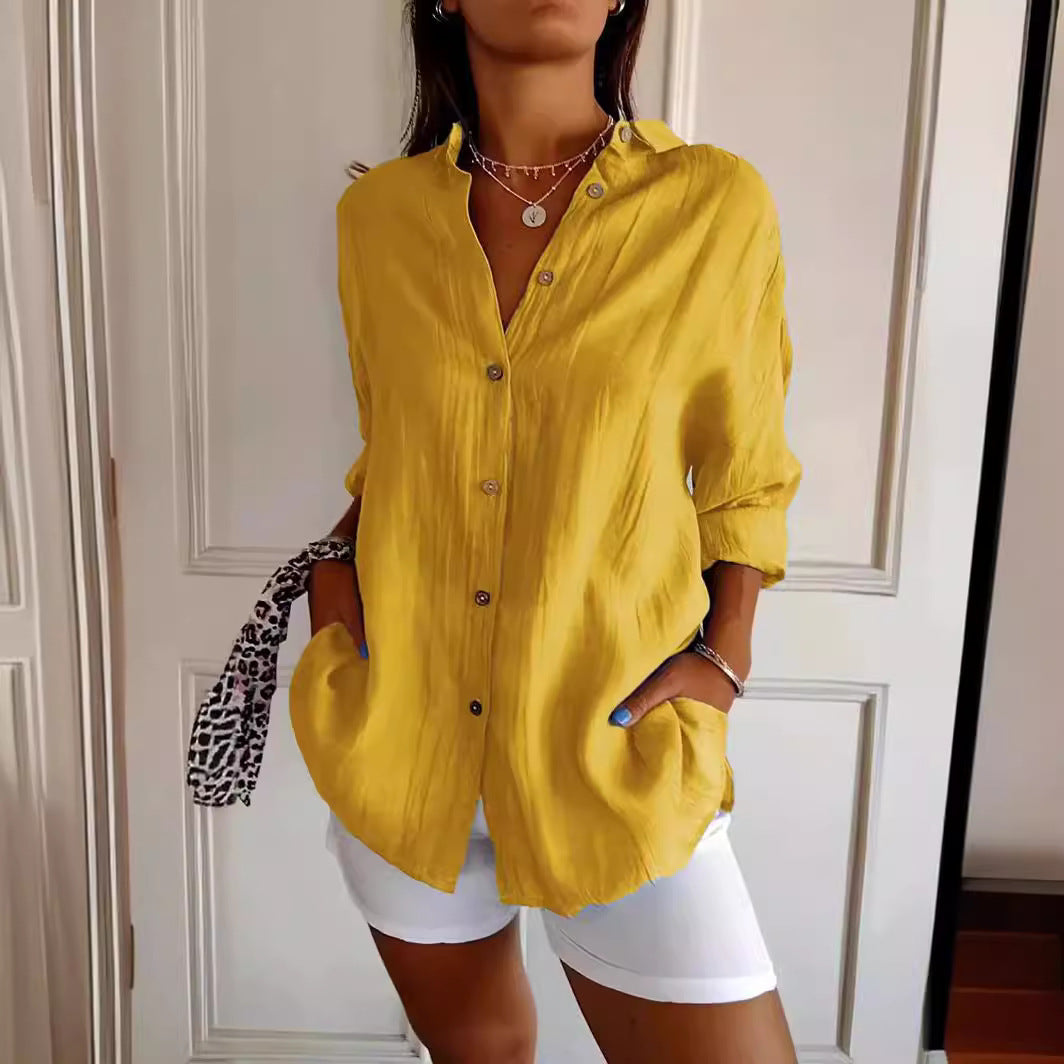 Lapel Long Sleeve Shirt Women's Single-breasted Pleated Shirt Tops Clothing - Zalixer