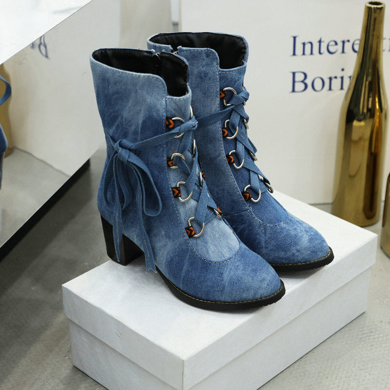 Womens Denim Winter Boots New Korean-Style Lace-Up Design - Zalixer