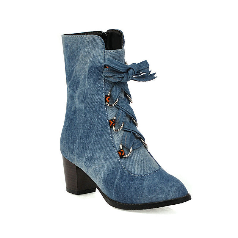 Womens Denim Winter Boots New Korean-Style Lace-Up Design - Zalixer