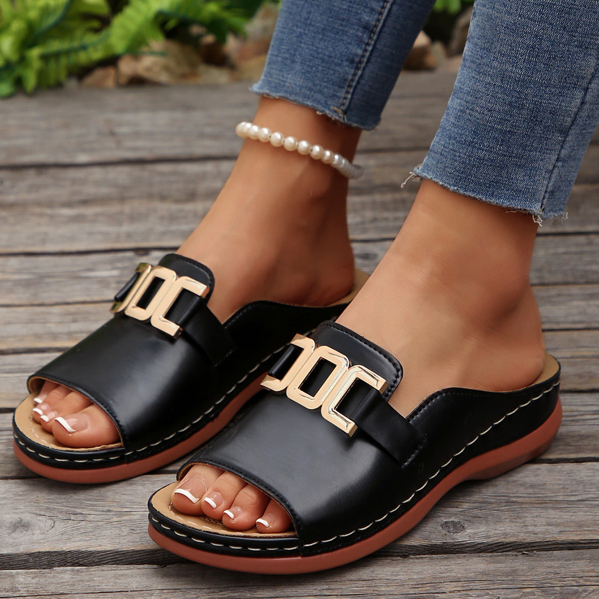 Ins Chain Wedges Sandals Summer Fashion Platform Peep-Toed Slides Slippers Outdoor Thick Bottom Roman Shoes For Women - Zalixer