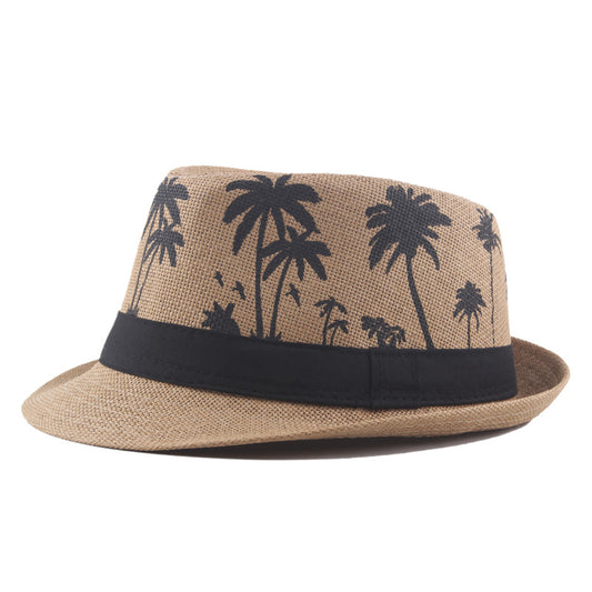 Palm Print Coconut Pattern Curled Straw Hat - Zalixer