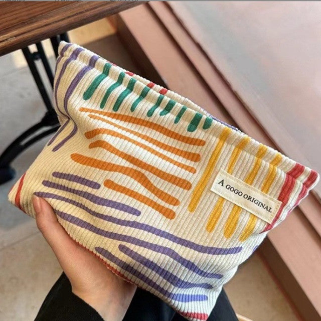 Corduroy Contrast Color Striped Make-up Bag - Zalixer