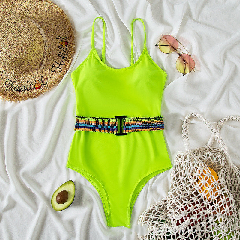 Women's Belly Covering Thin Solid Color One Piece Sling Swimsuit