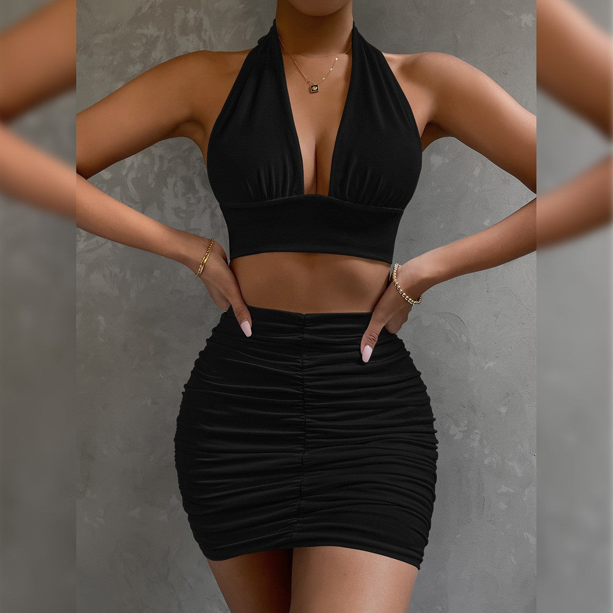 2pcs Dress Suits For Women Halter Lace-up Hip Top And Pleated Hip-covering Skirt - Zalixer