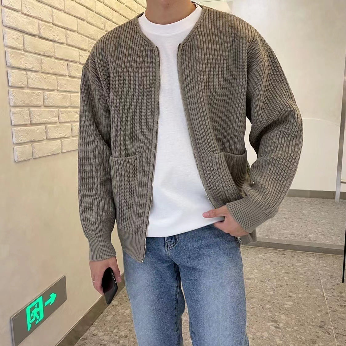 Men Zip Up Knitted Cardigan Lined Funnel Neck Jumper Sweater Pockets Coat All Seasons Comfortable Soft Long Sleeve - Zalixer