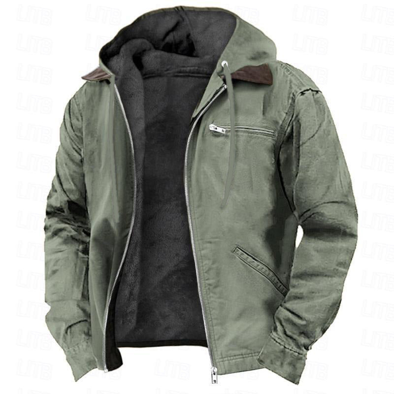Winter Hooded Coat With Pockets Warm Fleece Men's Casual Outerwear Zip-up Jacket