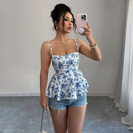 Women's Fashion Sexy Camisole Temperament Slim Design Floral Sleeveless Top - Zalixer