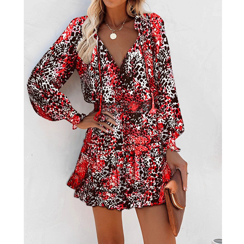 Flowers Print Long Sleeve Dress Fashion Patchwork Puff Sleeve Waist Dresses Women's Clothing - Zalixer