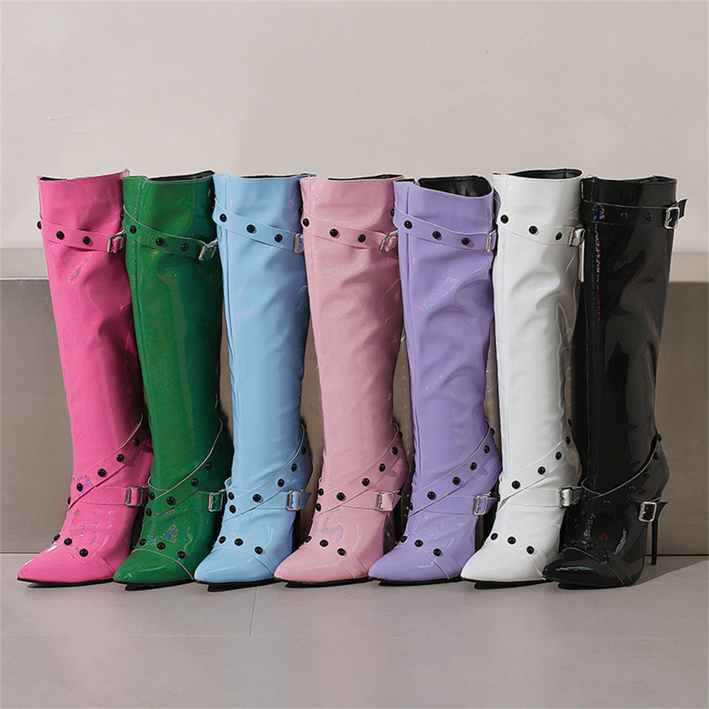Womens Stiletto Heel Rivet Long Boots - Zalixer
