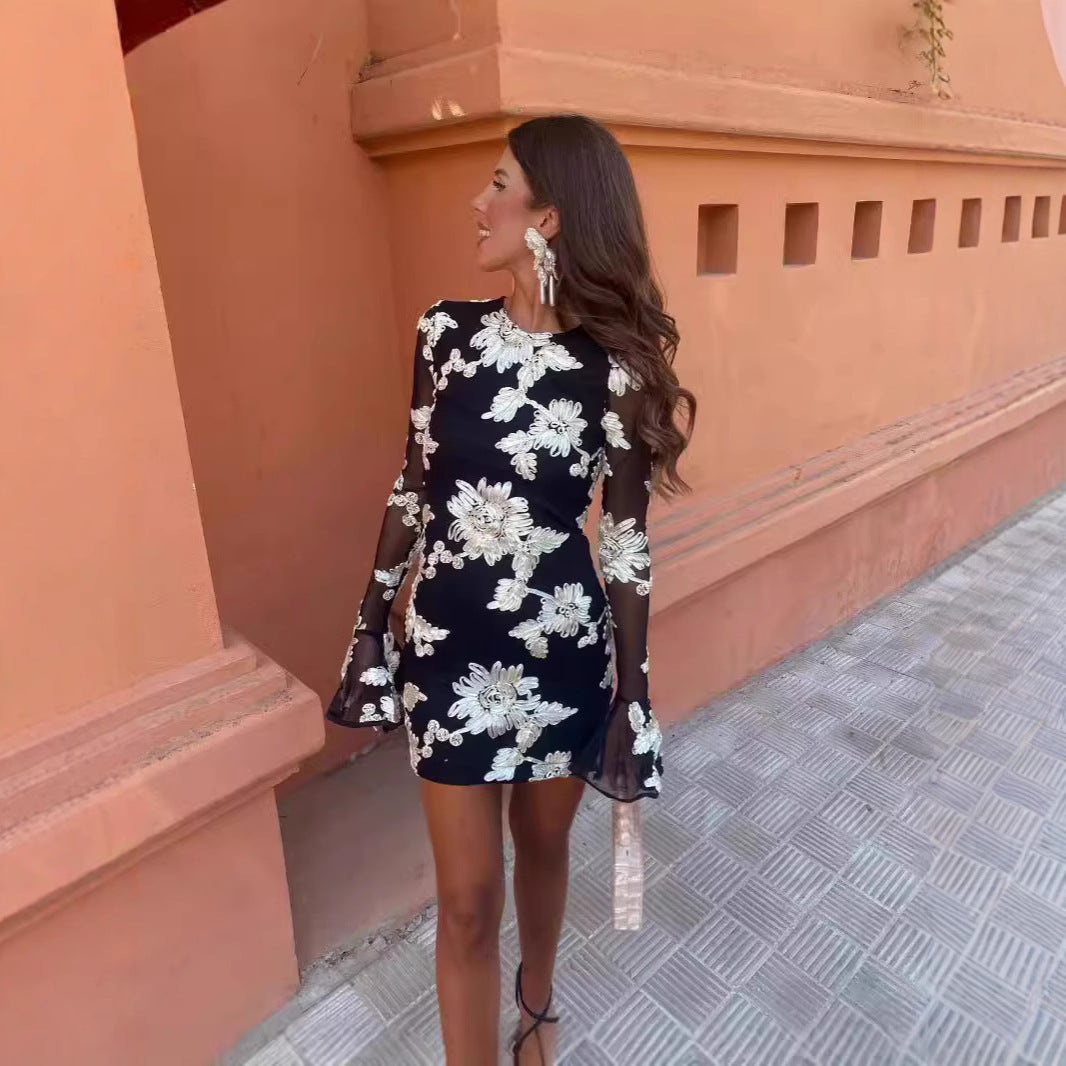 Flowers Bell-sleeved Dress Fashion Sexy Slim Long-sleeved Mesh Dresses For Party Club Women Clothing - Zalixer