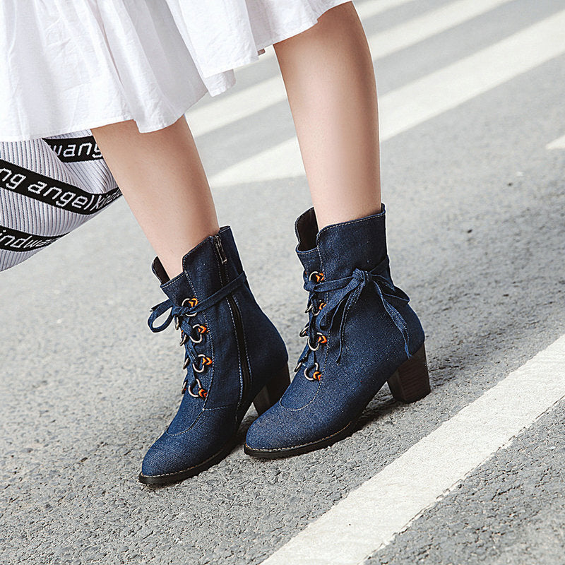 Womens Denim Winter Boots New Korean-Style Lace-Up Design - Zalixer