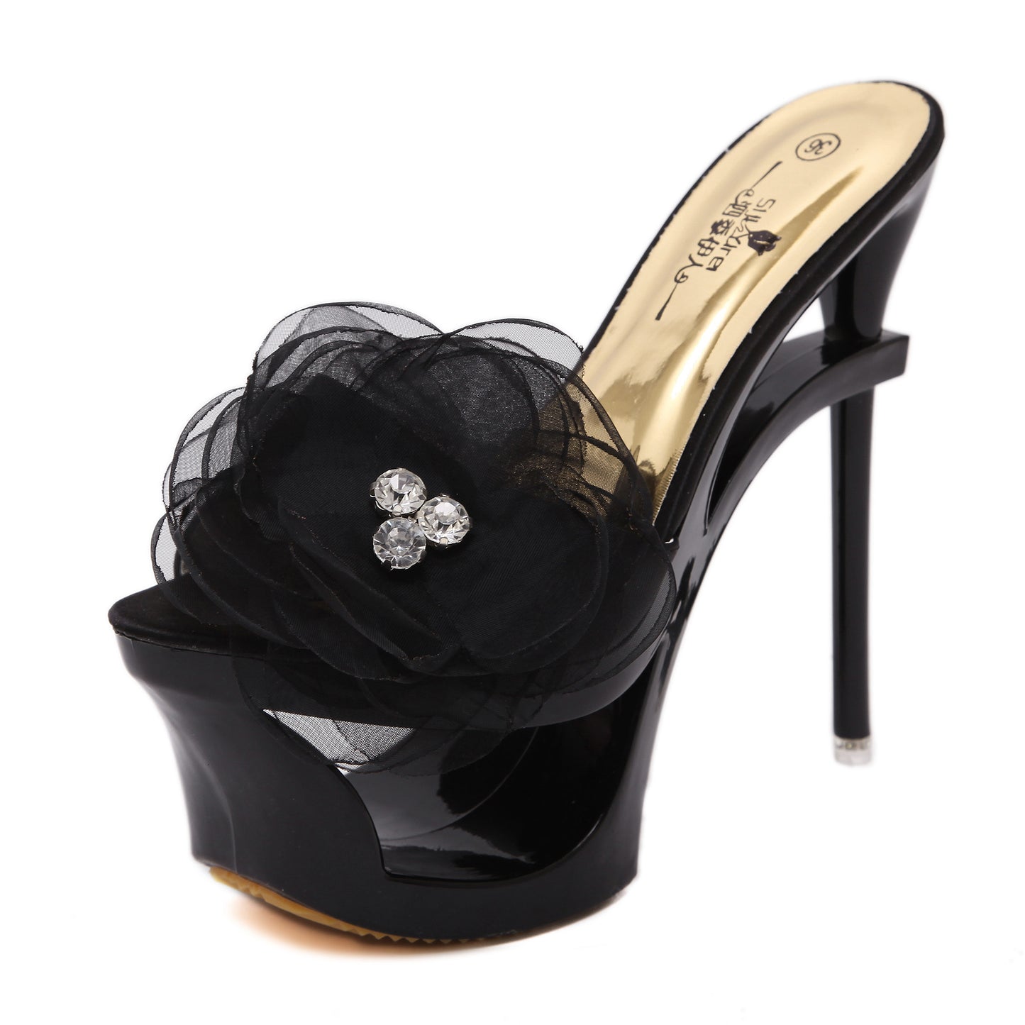 Womens Satin-Trimmed Diamond-Embellished Chiffon Floral Heels - Zalixer