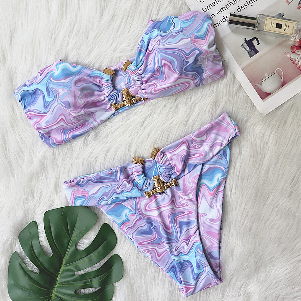 Solid Color Tube Top High Waist Swimsuit With Metal Accessories - Zalixer
