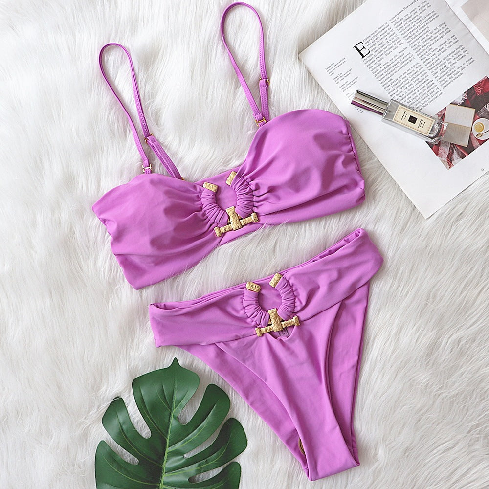 Solid Color Tube Top High Waist Swimsuit With Metal Accessories - Zalixer