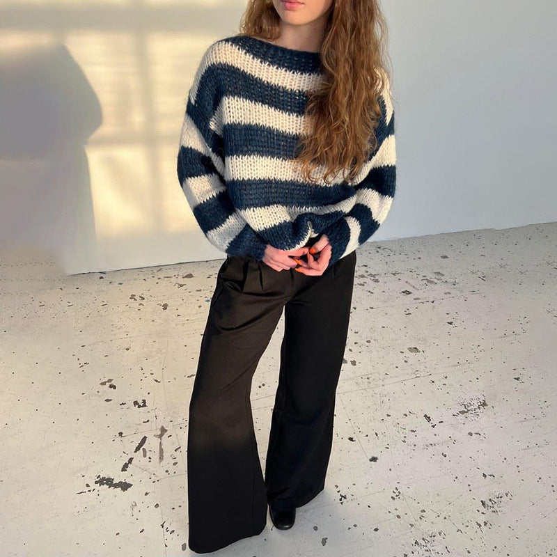 Loose Striped Pullover Sweater Fashion Versatile Long-sleeved Knitted Tops For Women Clothing - Zalixer