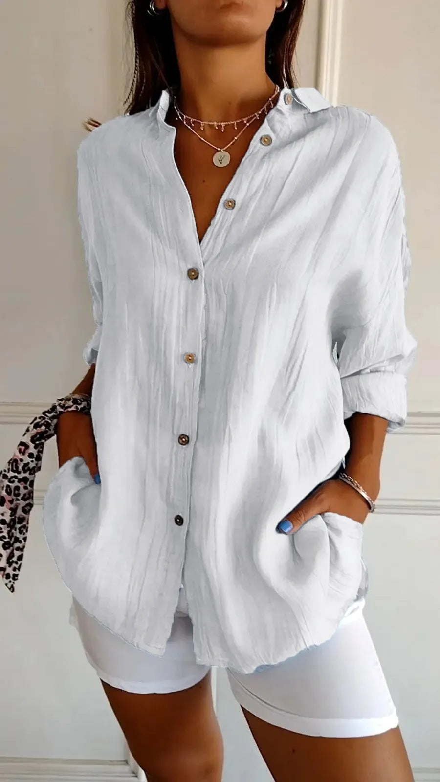 Lapel Long Sleeve Shirt Women's Single-breasted Pleated Shirt Tops Clothing - Zalixer