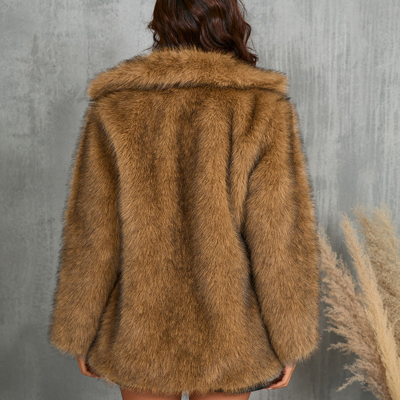 Winter Coat Warm Lapel Long Fluffy Faux Fur Coat Women Loose Long Sleeve Jacket Outerwear Clothing - Zalixer