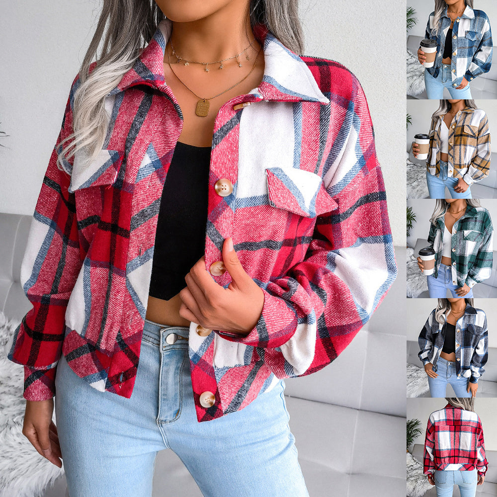 Plaid Lapel Cropped Jacket Fashion Loose Button Long Sleeve Short Outwear Tops Coat For Womens Clothing - Zalixer